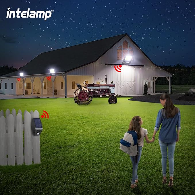 intelamp Solar Flood Lights Outdoor Waterproof Linkable 12000mAh 3000LM Motion Sensor Floodlight with Remote Control Sensor Case 16.4Ft Cable Dusk to Dawn Lighting Lamp for Street Outside House