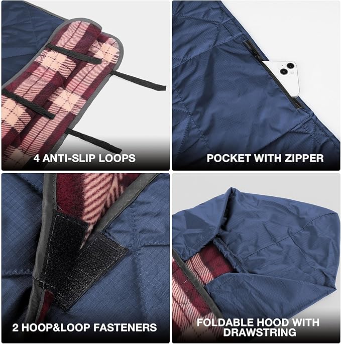 DUKUSEEK Hooded Outdoor Blanket Extra Large 79 x 59 Waterproof Camping Blanket Quilted Thick Fleece Warm Windproof Sand Proof Portable and Wear-Resistant Perfect for Stadium Picnic…