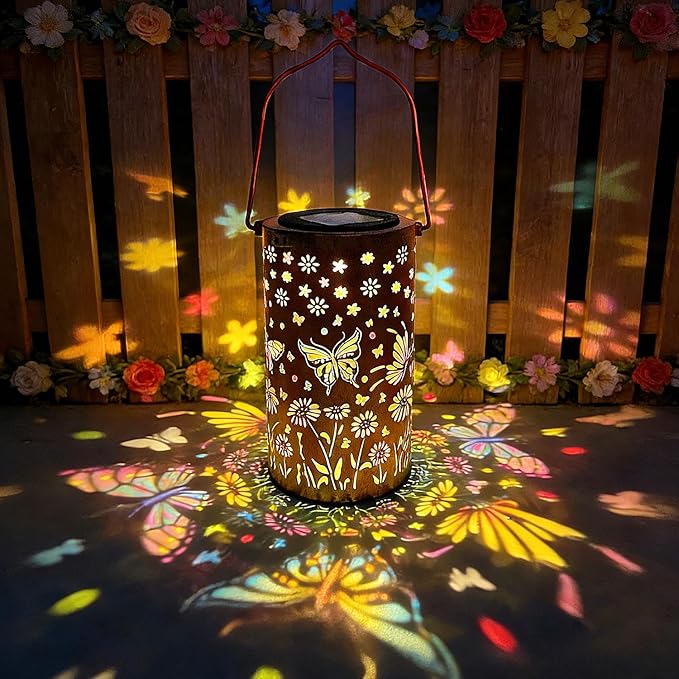 Colorful Butterfly Solar Lanterns Outdoor Waterproof Garden Decor Gifts for Women Mom Sister Grandma LED Hanging Solar Lantern Lights Outside for Table Yard Lawn Garden Path Porch Decor