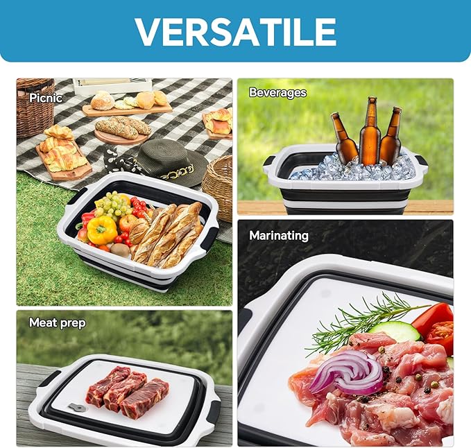 Collapsible BBQ Prep Tub for Meal Prep MarinatingFood Storage picnics camping barbecuescutting fruits and vegetables - Includes Cutting Board and Locking Lid(X-Large) Black