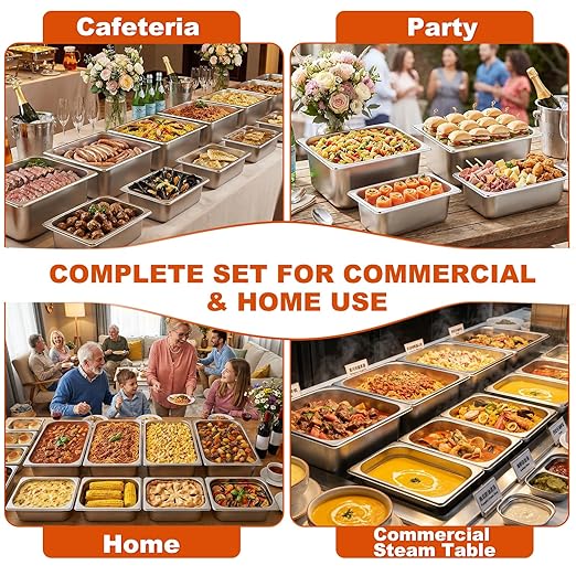 4 Set Hotel Pans with Lids 2 × 1/2 Size 6'' Deep &amp 2 × 1/4 Size 4'' Deep Steam Table Pans with Lid &amp Clip Anti-Jam Stainless Steel Metal Hotel Pans for Home Party Hotel Buffet Catering Food