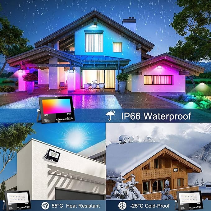Flood Lights Outdoor RGB with Stake 500W Equivalent Smart Color Change &amp Daylight 5700K Landscape Light IP66 Patio Lights via App Control Indoor Ambient Lighting DIY Scenes/Music Sync/Timing-4