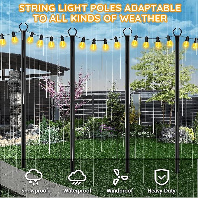 6 Pack String Light Poles Outdoor String Light Pole 10 ft Forked Metal Light Pole with Adjustable Outdoor Light Stand Deck Backyard Garden Wedding Rustproof and Sturdy with Hooks.