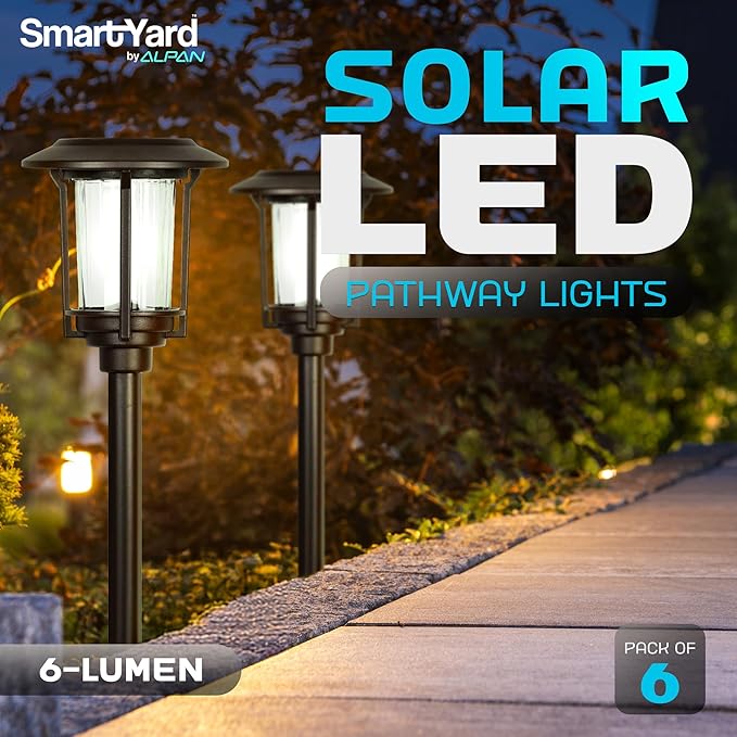 Solar Pathway Lights – Pack of 6 6 Lumens Warm White LED Bronze Finish Durable Die-Cast Aluminum &amp Stainless Steel with Glass Lens Outdoor Garden Lighting LED Solar Pathway Lights
