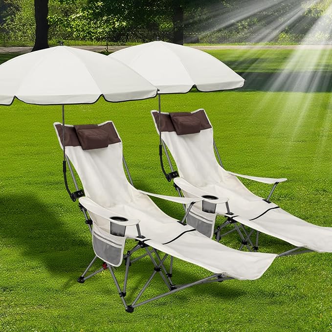 Karenhi 2 Set Beach Camping Chair with Umbrella for Adult Folding Reclining Camping Chair with Foot Rest Adjustable Clamp Canopy Shade for Outdoor Patio Travel Beach (Beige)