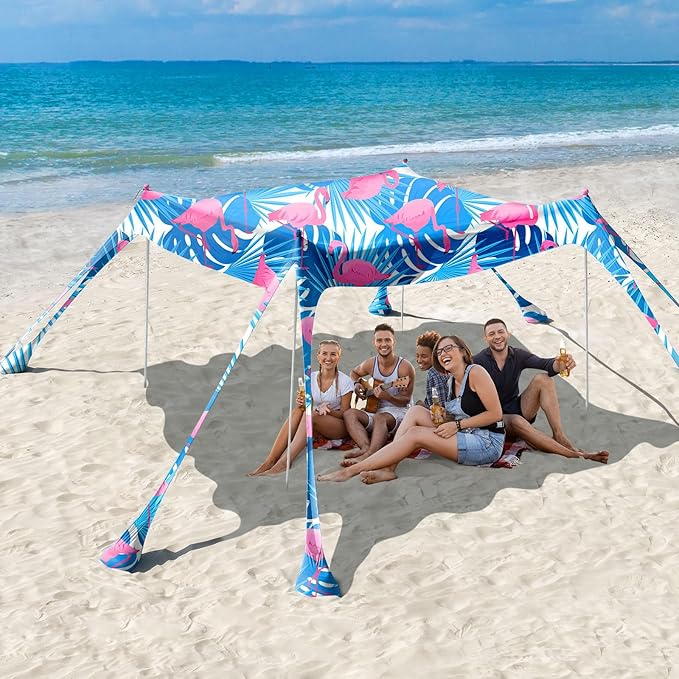Rhino Valley Beach Tent Shade Canopy UPF50+ Protection 8 Sandbags 4 Stability Poles Outdoor Sun Shelter Umbrella for Sand Camping Fishing Essentials