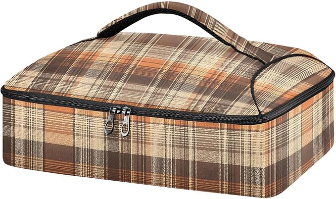 Casserole Carrier Brown Orange Tartan Pattern Insulated Casserole Carrier for Hot or Cold Food Thermal Lunch Tote for Parties Picnic Travel Carry Bag