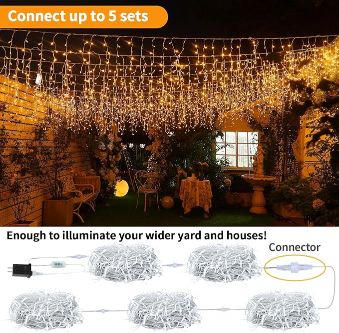 Icicle Lights Christmas Decorations 60+16Ft 600 LED Icicle Lights for Outside with Connectable Timer Memory Dimmable Plug in Twinkle Fairy Lights for Indoor House Roof Holiday Wedding Party