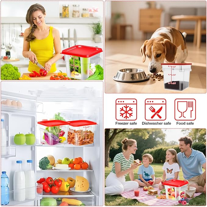 Square Food Storage Containers with Lids 4-Pack Lock-Tight Seal for Flour Sugar Cereal Keep Food Fresh BPA-Free Stackable Kitchen Canisters with Measurements (Red 6QT-4PACK)