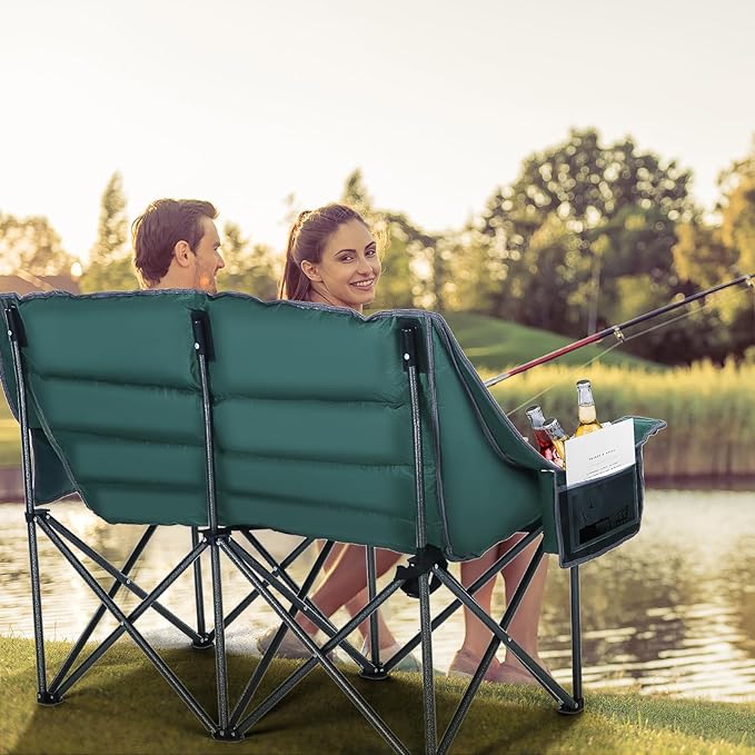Nice C Double Padded Camping Chair Oversized Loveseat Camping Chair Outdoor Camping Couch for Adults Lawn Chairs Extra Padded with Cup Holder Cooler Bag Bottle Opener (Green)