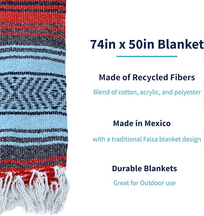La Montana Mexican Blankets and Throws 4 Pack 74x50 - Made in Mexico Lightweight Yoga Blanket for Schools Studios Outdoors Camping Picnic Decor - Washable Red/Light Blue/Charcoal