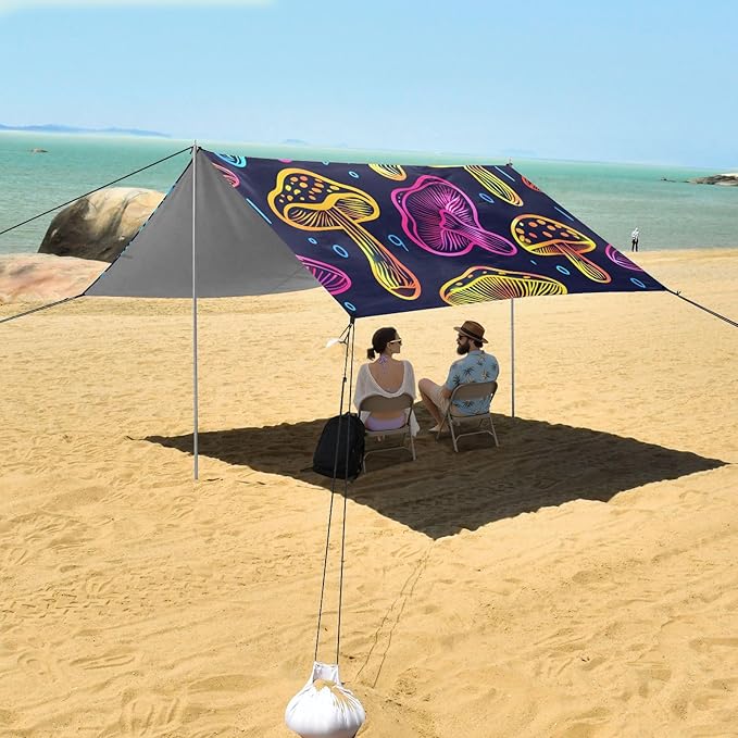Neon Print Seamless Mushrooms Camping Sun Shelter Beach Tent Portable Beach Sun Shade Outdoor Canopy for Camping Trips Fishing Picnic