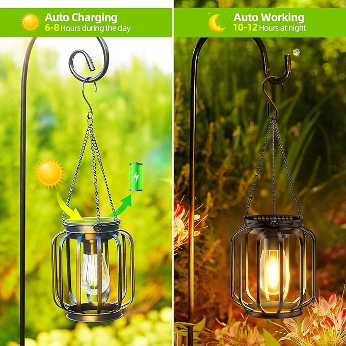 Solar Hanging Lanterns Outdoor Waterproof: 4 Pack Metal Solar-Powered Lights with Hook Bright Warm Lantern Decor for Outside Classic Outdoor Lighting for Yard Garden Patio Porch Balcony Decorations