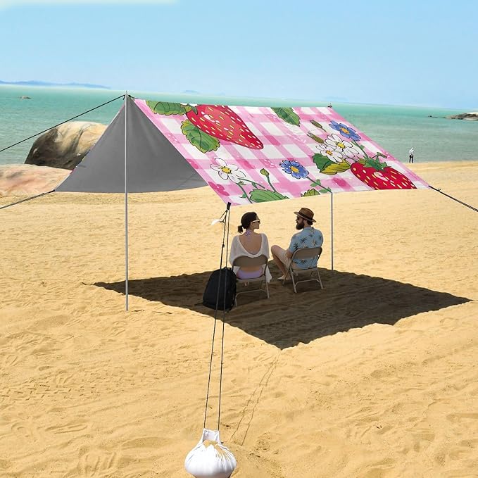 Strawberry Pattern Beach Tent Sun Shelter 9.2' x 10.5' Beach Canopy with 4 Sandbags 4 Stability Poles Sand Shovels - Tent Canopy for Beach Camping Fishing Picnics