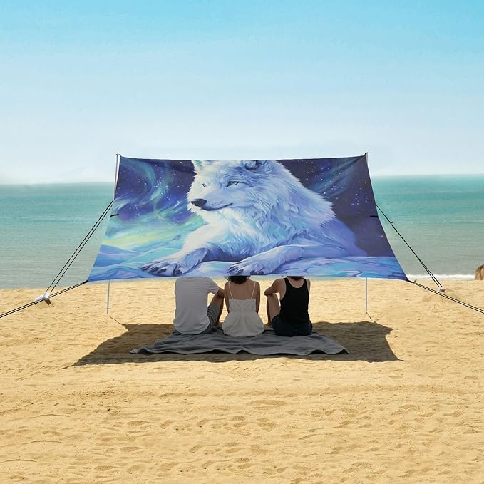 ALAZA Arctic Wolf Beach Tent Sun Shelter UPF50+ Protection Beach Shade Canopy w/ 4 Sandbags for Outdoor Camping Fishing Backyard Fun Picnic 10x9 ft