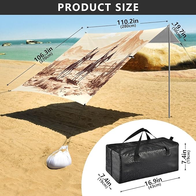 Vintage Western Cowboy Beach Tent Sun Shelter 9.2' x 10.5' Beach Canopy with 4 Sandbags 4 Stability Poles Sand Shovels - Tent Canopy for Beach Camping Fishing Picnics