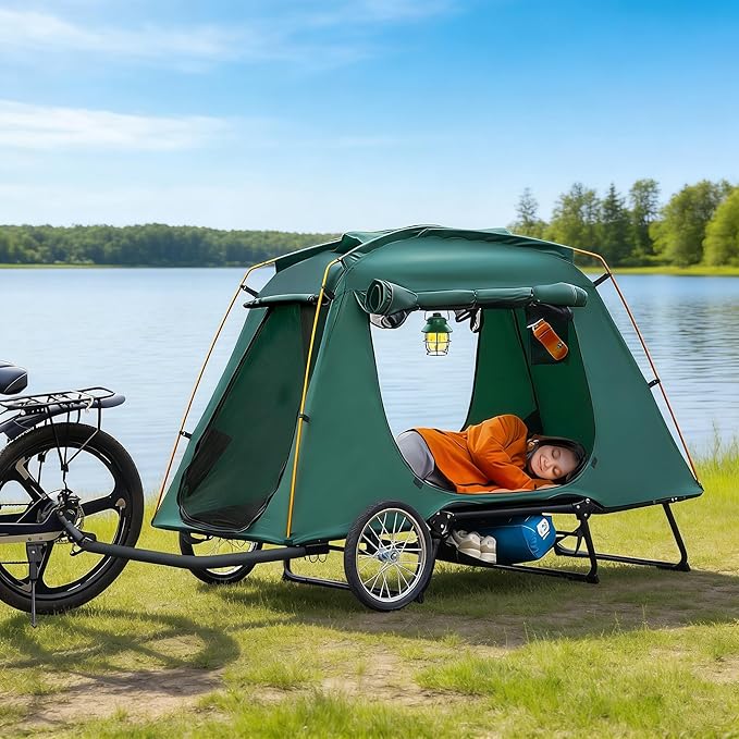 Premium Electric Bike Camper Trailer Tent Folding Waterproof Bicycle Camper with 16 Off-Road Wheels PU3000mm 2-Min Setup Elevated Sleeping with Mosquito Net for E-Bike Camping