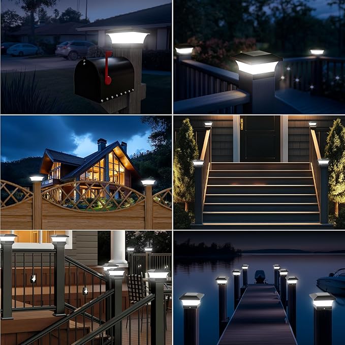 T-SUN Solar Post Lights Outdoor Waterproof Solar Post Cap Lights for 4X4 5X5 6X6 Wooden Posts6000K White LED Lighting Deck Patio Garden Decor or Fence(6 Pack)
