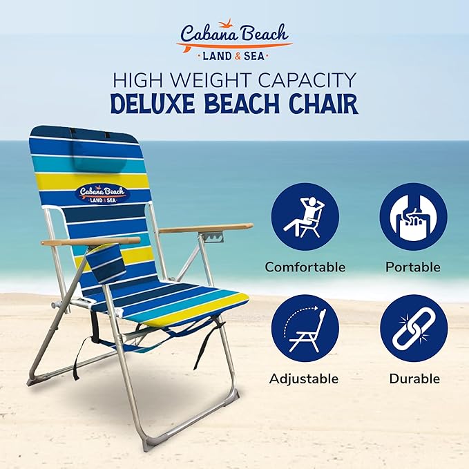 Cabana Beach Folding Beach Chair 4 Position Portable Backpack Foldable Camping Accessories with Headrest Cup Holder and Wooden Armrests Cool Bold Stripe