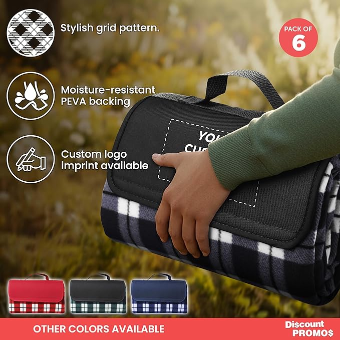 DISCOUNT PROMOS 6 Brookhaven Roll Up Picnic Blankets Set - Customizable Text Logo - Fleece Woven Handle - Grey