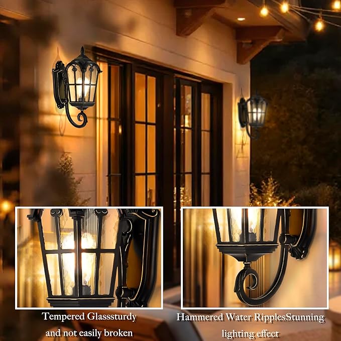 17 Outdoor Wall Light Fixture with Water Ripple Glass – Black Exterior Wall Sconce Waterproof Porch Light for Front Door Patio Garage Outdoor House Lighting