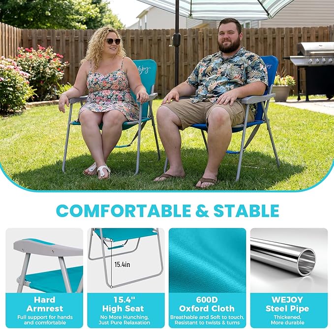 #WEJOY Folding Beach Chair for Adults Lightweight Beach Chair with Shoulder Straps High Back Camping Chairs with Hard Armrest Supports 300lbs for Outdoor Lawn Concert
