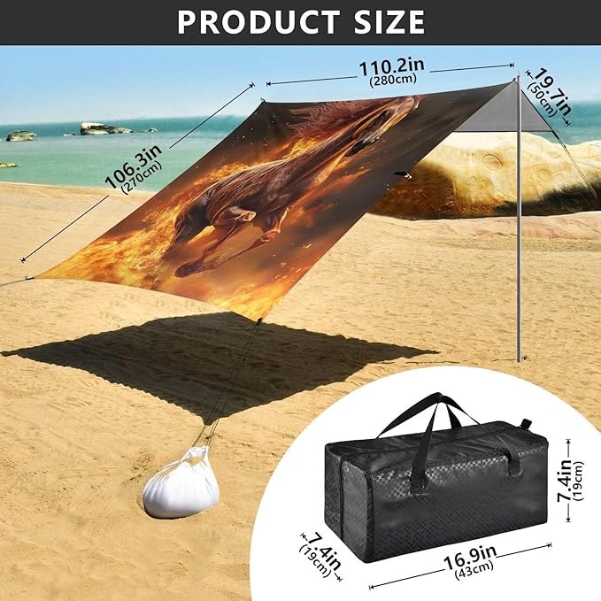 ALAZA Fire Running Horse Beach Tent Sun Shelter Portable Canopy Sunshade for Outdoor Camping Picnics Backyard Fun 10x9 ft