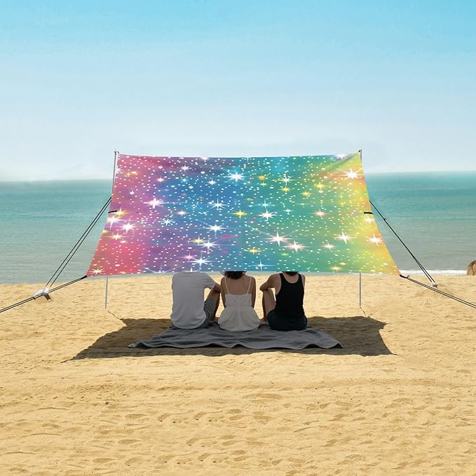 Bolaz Beach Canopy Tent Sun Shade9'×10.5' Large Family Beach Shade UPF50+- Outdoor Shade for Camping Trips FishingYellow White Flash Rainbow Gradient Pattern