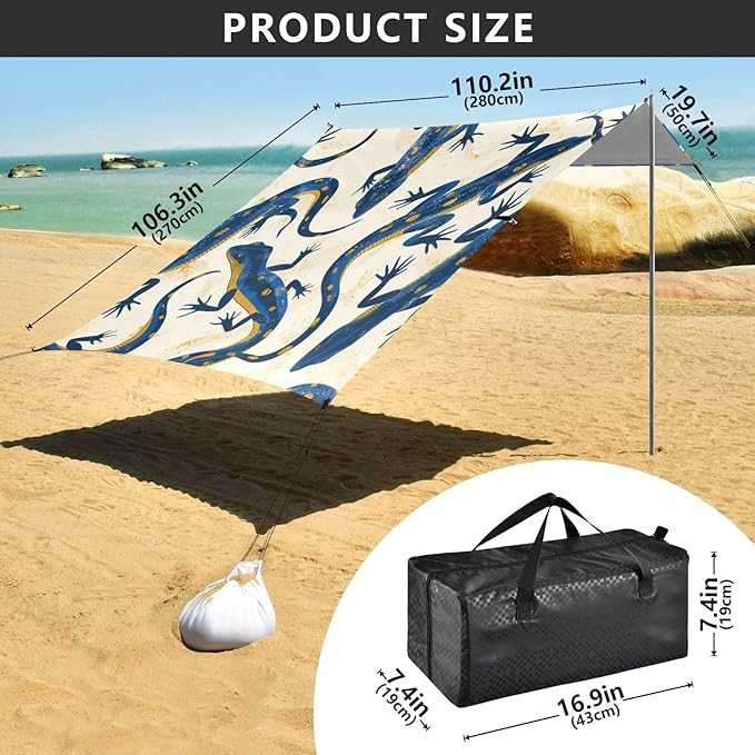 Lizard Pattern Beach Tent Sun Shelter 9.2' x 10.5' Beach Canopy with 4 Sandbags 4 Stability Poles Sand Shovels - Tent Canopy for Beach Camping Fishing Picnics