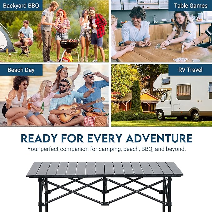 LOFTEY Folding Camping Table Adjustable Height Aluminum Camp Table with Roll Up Top Lightweight with Carry Bag Portable for Camping Backyard BBQ Tailgating 37.4 L x 21.7 W x 32 H Black