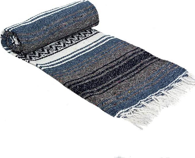 La Montana Mexican Blankets and Throws 4 Pack 74x50 - Made in Mexico Lightweight Yoga Blanket for Schools Studios Outdoors Camping Picnic Decor - Machine Washable Slate Blue/Charcoal/White
