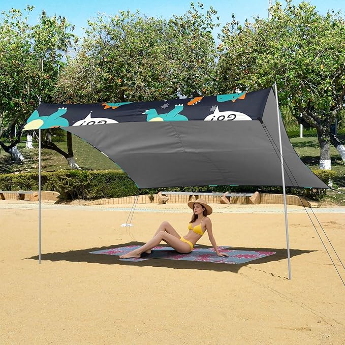 ALAZA Cute Dinosaurs Dino Music Beach Tent Sun Shelter UPF50+ Protection Beach Shade Canopy w/ 4 Sandbags for Outdoor Camping Fishing Backyard Fun Picnic 10x9 ft