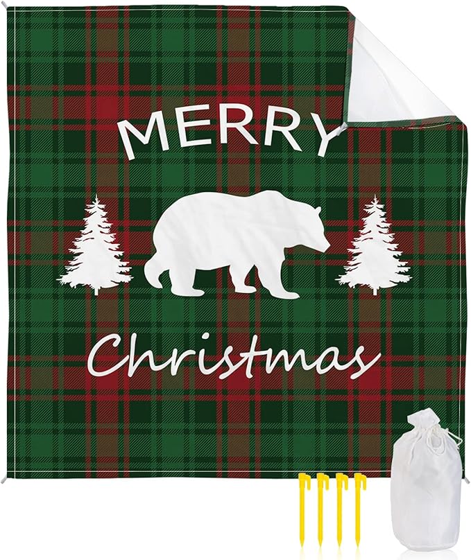 Beach Blanket Waterproof Sandproof Christmas Animal Polar Bear Tree White Shadow Quick Drying Beach Mat with 4 Stakes Green Red Buffalo Gingham Lightweight Picnic Blanket for Travel Camping 83x79