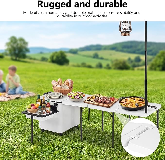 Portable Folding Camp Cook Station with Wheels Overland Camping Kitchen Table with Light Poles for Picnic Party Beach BBQ Cooking Indoor (Small)