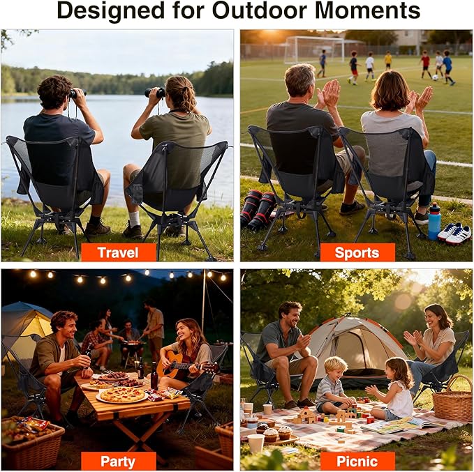 360° Swivel Folding Camping Chairs Compact and Portable Chair for Outdoor Camp Foldable Chairs with Anti-Sinking Large Feet for Travel Beach Picnic Sports Fishing Support 300 LBS(Black)