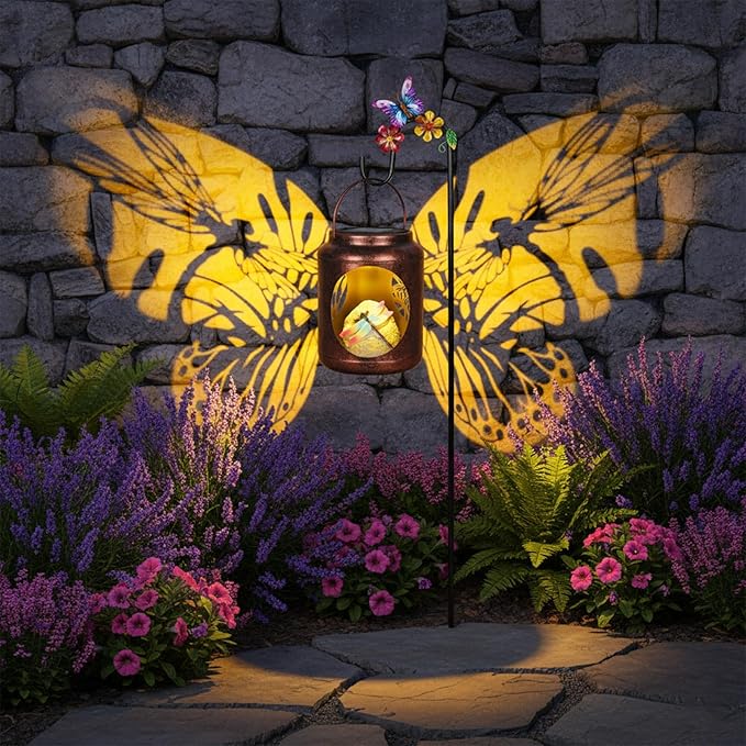 Dragonfly Patterns Metal Solar Lantern with Resin Dragonfly InsideOutdoor Garden Decor with Shepherds Hook for Yard Patio Backyard PorchGifts for Mom Women Grandma