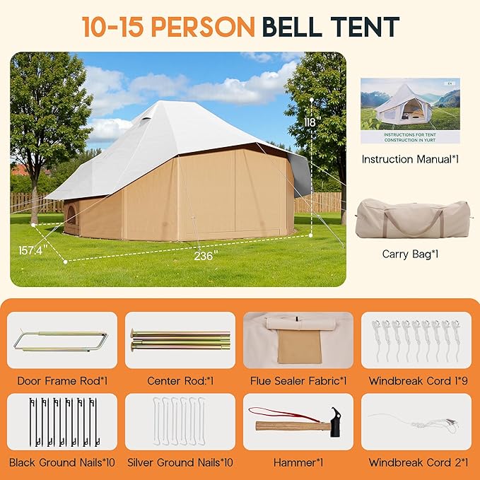 SPECRAFT Canvas Bell Yurt Tents &amp Inflatable Tent for Camping Waterproof Glamping Tent with Stove Jack Breathable Mesh Snowproofing Spacious 4-Season Family Shelter for Outdoor Camping Partie