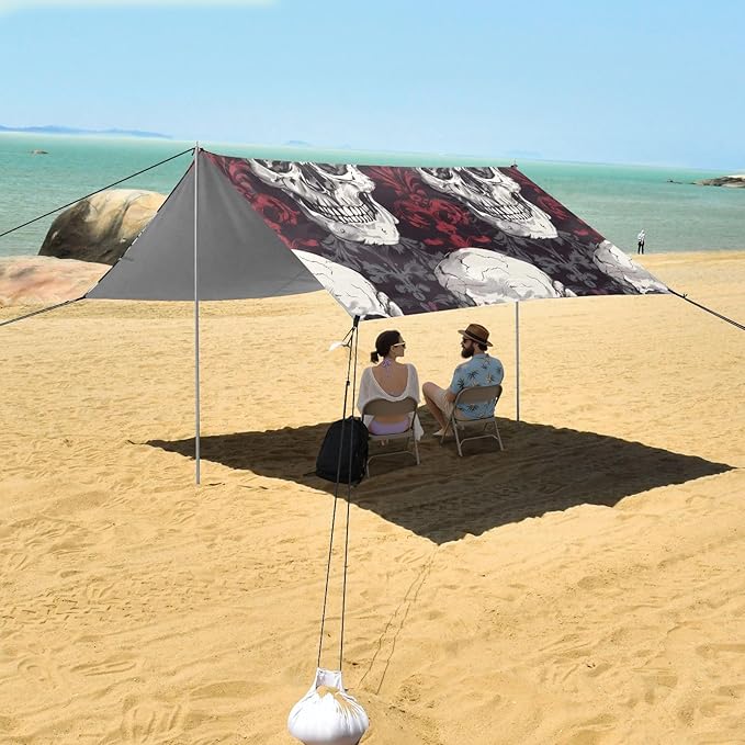 Skull Pattern Beach Tent Sun Shelter 9.2' x 10.5' Beach Canopy with 4 Sandbags 4 Stability Poles Sand Shovels - Tent Canopy for Beach Camping Fishing Picnics