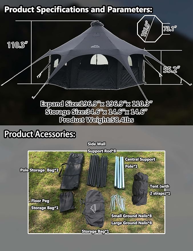 Cotton Canvas Tent Bell - Yurts Breathable and WindproofGlamping for 6/8/10Person Family Camping