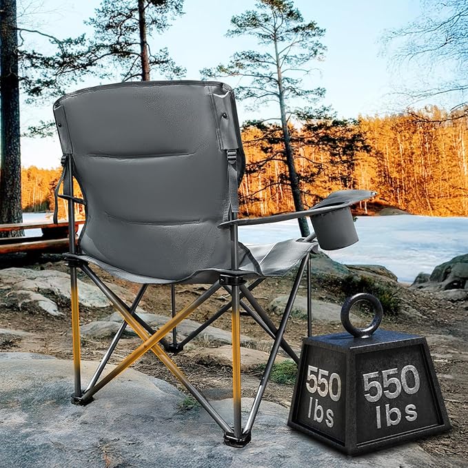 TIMBER RIDGE Oversized Folding Camping Chair for Adults Support 550 LBS Heavy Duty with Cup Holder Side Pocket for Camping Lawn Picnic Grey