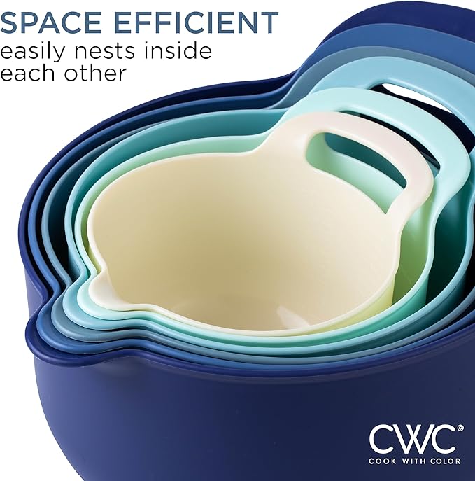 COOK WITH COLOR Nesting Plastic Mixing Bowl Set with Pour Spouts and Handles Blue 6 Piece Non-Slip