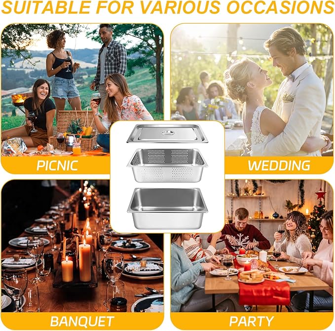 3 Pack Full Size 6 Inch 8 Inch Hotel Pan with Lid Perforated Steam Table Pan Chafing Pans Steam Table Tray Stainless Steel Restaurant Supplies for Buffets Catering Commercial Kitchen