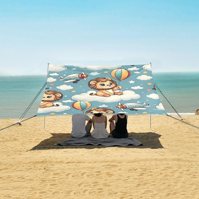 Cute Lion Cubs Flying in The Sky Camping Sun Shelter Beach Tent Portable Beach Sun Shade Outdoor Canopy for Camping Trips Fishing Picnic