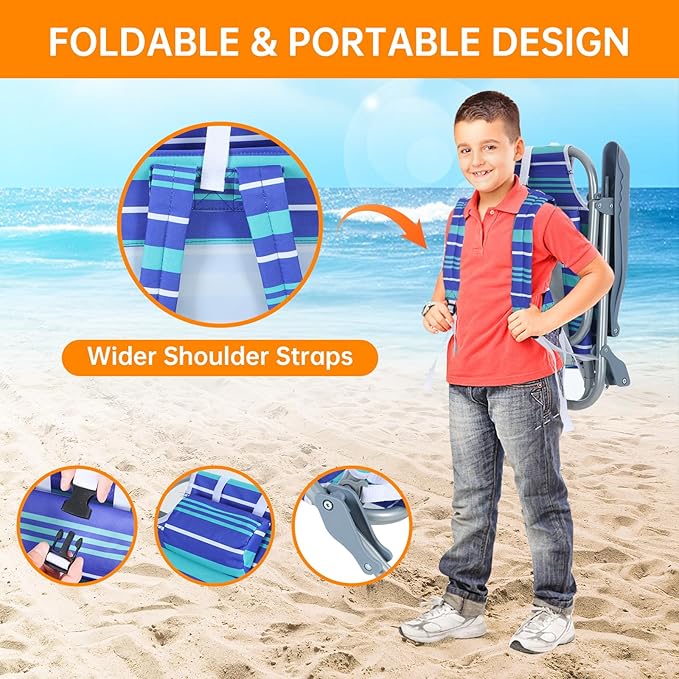 Kids Beach Chair Blue Striped 5-Position Reclining Aluminum Frame Backpack-Foldable Umbrella with Sand Anchor Cup Holder Storage Pocket Perfect for Kids (1-Pack)