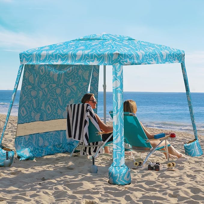 AMMSUN Beach Cabana 6.2'×6.2' Beach Canopy Easy Set up and Take Down Cabana Tent with Sand Pockets Instant Sun Shade with Side Wall Tropical Aqua