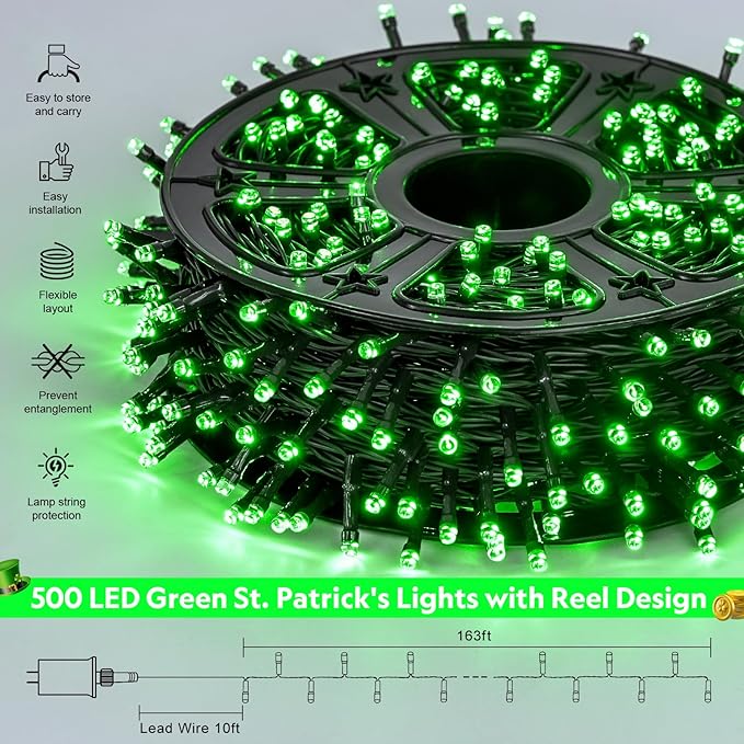 JMEXSUSS 500 LED Green Christmas Lights 8 Modes St Patrick's Day Lights Outdoor Plug in 173ft Green String Light for St Patrick's Day Party Xmas Tree Decorations