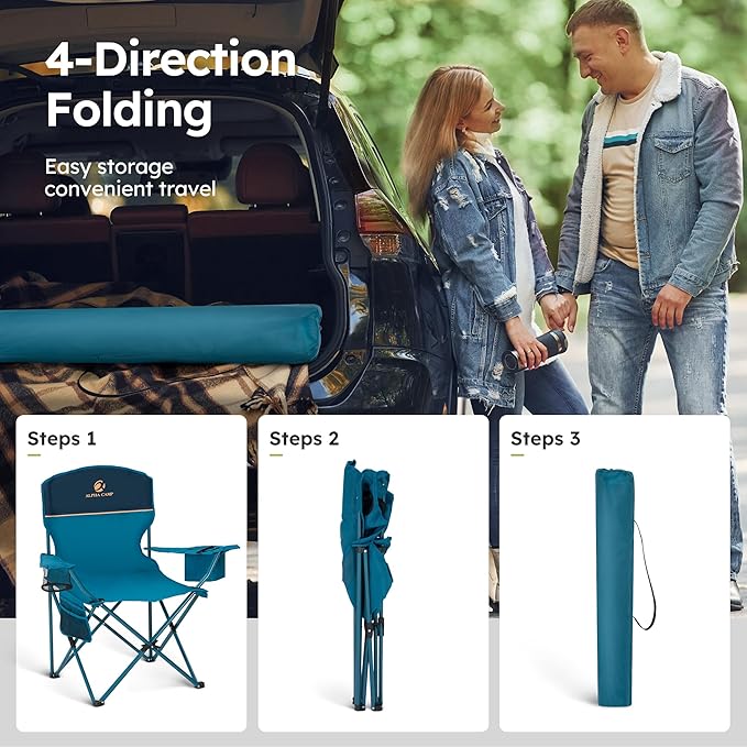 ALPHA CAMP Camping Chair 2 Pack Portable Chair with 3-Can Cooler Folding Chair with Side Pocket and Cup Holder Collapsible for Camping Tailgates Beach Fishing and Sports2PC