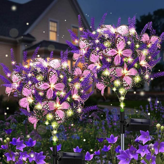 Solar Garden Lights Outdoor 2 Pack Solar Butterfly Lights Purple Lavender Gardening Gifts for Women Artificial Flower with Butterfly Purple Garden Decor for Lawn Patio-Warm White