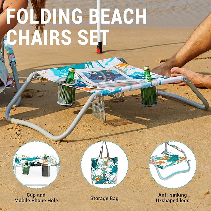 #WEJOY 2 Beach Chairs and Table Set Lightweight &amp Folding Backpack Beach Chair for Outdoor Beach Lawn Camping Picnic Cyan/Orange Beach Chairs Set
