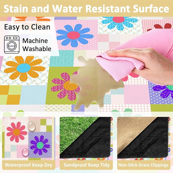 Daisy Picnic Blankets Waterproof Foldable 60″X80″ Packable Picnic Mat Sunflower Outdoor Blanket for Grass Large Beach Blanket Sandproof Picnic Accessories for Camping Music Festival Park Lawn Travel